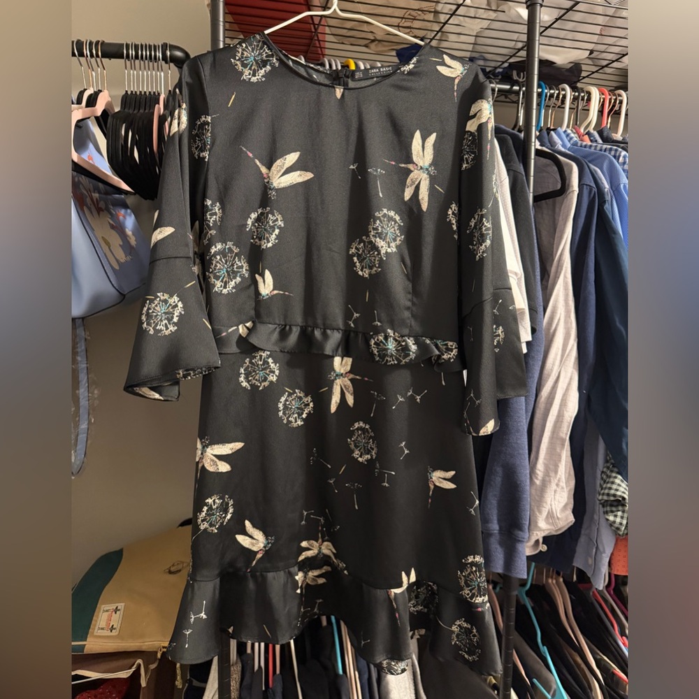 Zara Black Satin Dress with Dragonflies and Dandelions Print